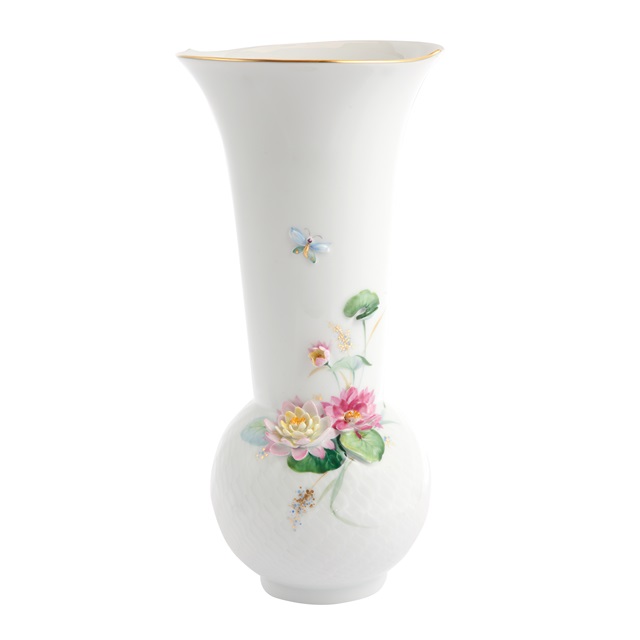 7789⑥MEISSEN バラ装飾 花瓶　波の戯れ 花瓶「貼花装飾のある波の戯れのヴェース」(ハスのモチーフ）|ドイツの